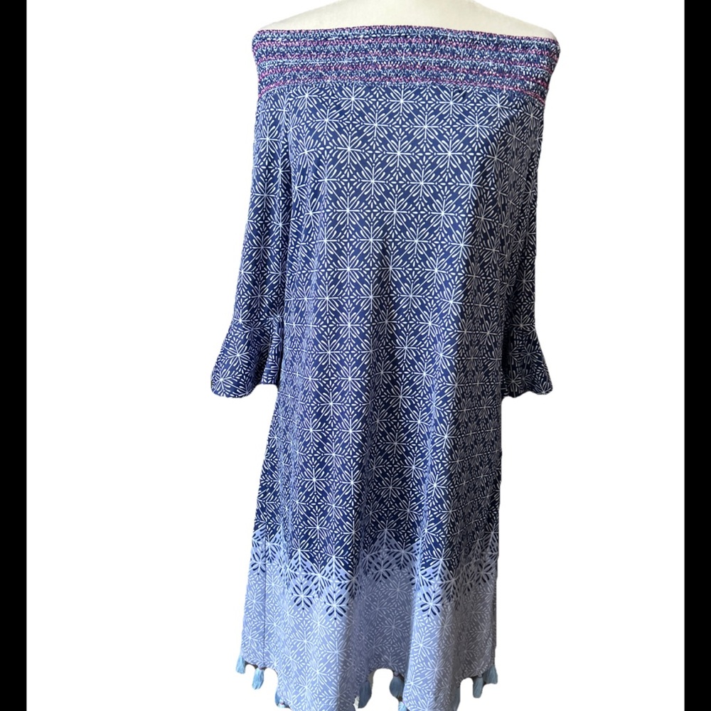 Cabana Life Dress Resort wear XL Off shoulder Navy white Tassel fringe EUC